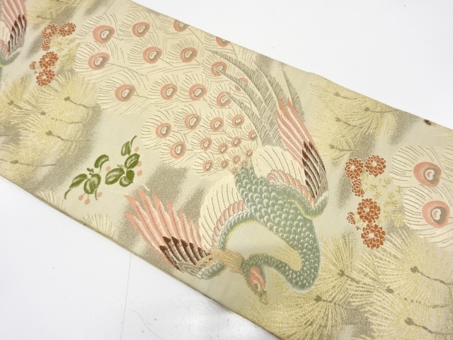 JAPANESE KIMONO / ANTIQUE MARU OBI / WOVEN PEACOCK & YOUNG PINE & KIKU